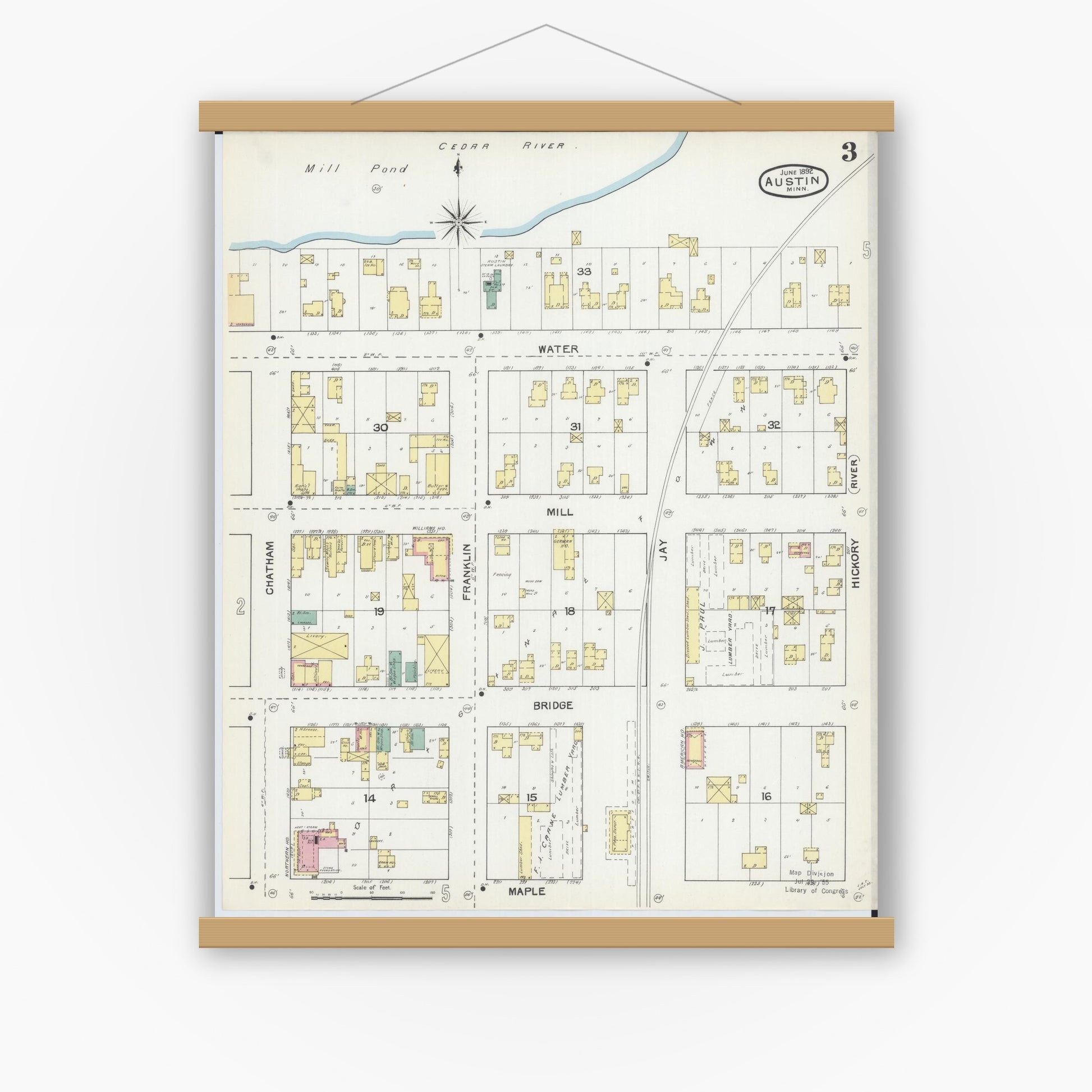 Old map wall art mockup — magnetic wood frame on white wall — Sanborn Fire Insurance Map from Austin, Mower County, Minnesota (1892), Sheet #0003