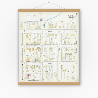 Old map wall art mockup — magnetic wood frame on white wall — Sanborn Fire Insurance Map from Austin, Mower County, Minnesota (1892), Sheet #0003