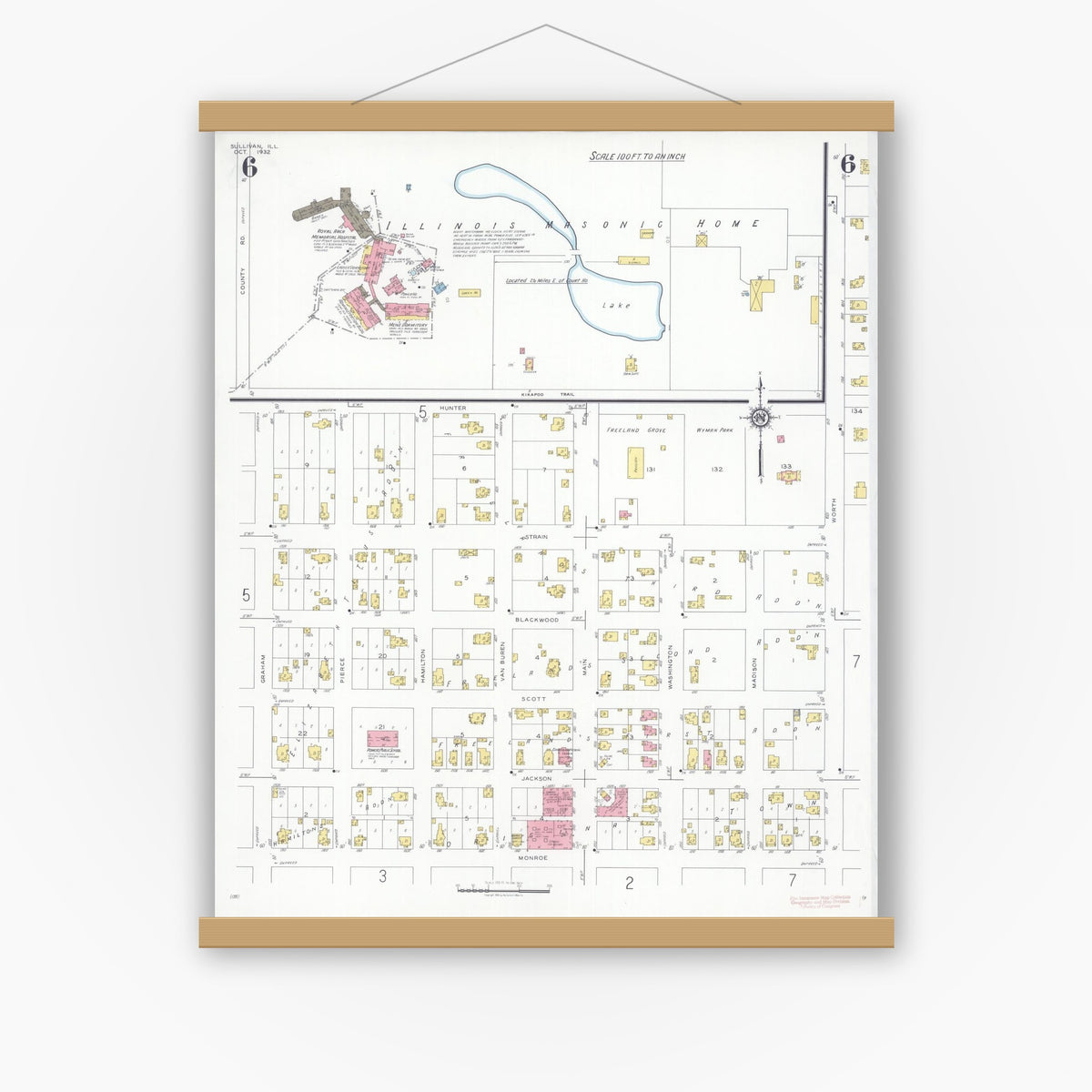 Old map wall art mockup — magnetic wood frame on white wall — Sanborn Fire Insurance Map from Sullivan, Moultrie County, Illinois (1932), Sheet #0006
