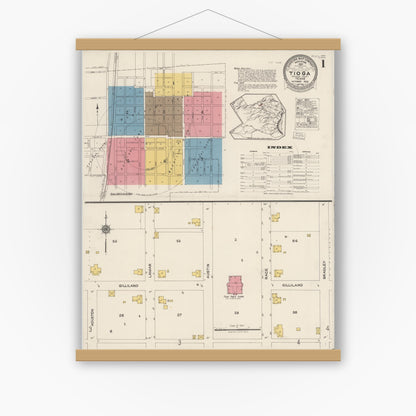 Old map wall art mockup — magnetic wood frame on white wall — Sanborn Fire Insurance Map from Tioga, Grayton County, Texas (1922) - Complete Map Set