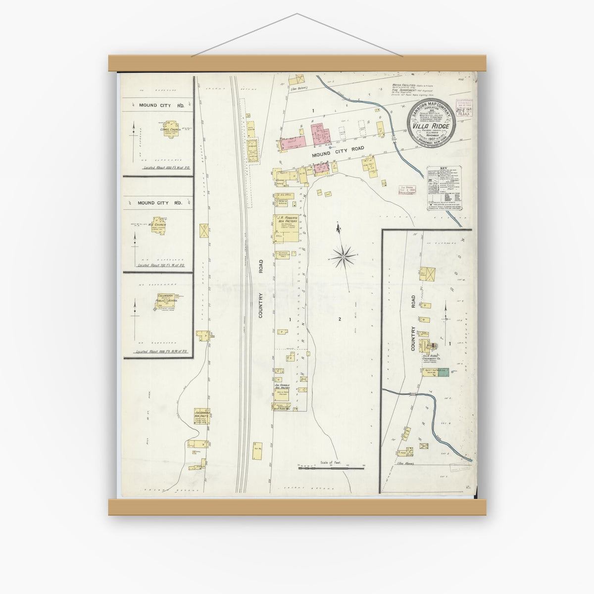 Old map wall art mockup — magnetic wood frame on white wall — Sanborn Fire Insurance Map from Villa Ridge, Pulaski County, Illinois (1907), Sheet #0001