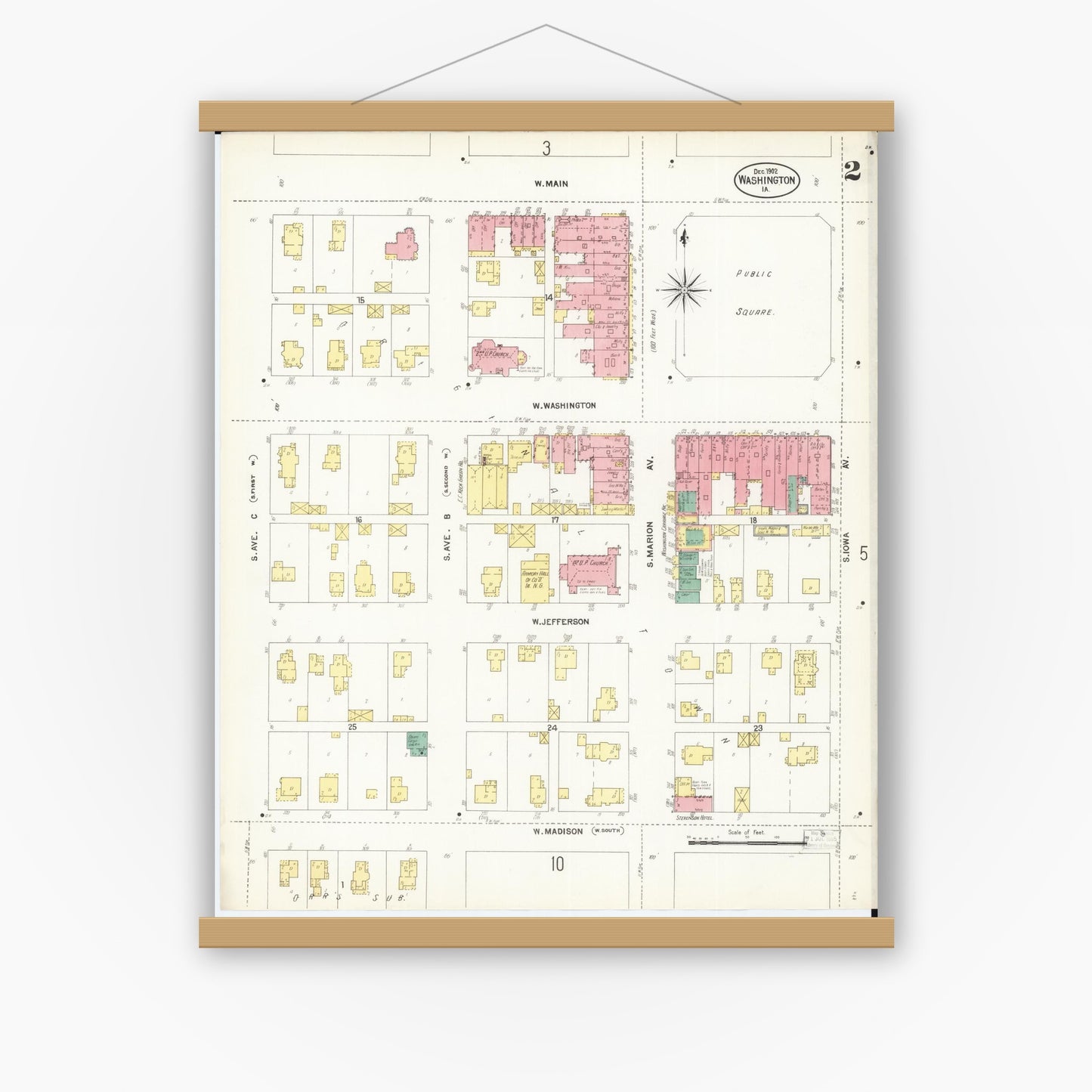 Old map wall art mockup — magnetic wood frame on white wall — Sanborn Fire Insurance Map from Washington, Washington County, Iowa (1902), Sheet #0002