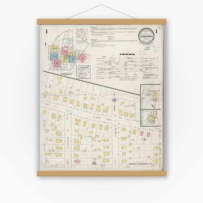 Old map wall art mockup — magnetic wood frame on white wall — Sanborn Fire Insurance Map from Osborn, Greene County, Ohio (1929), Sheet #0001