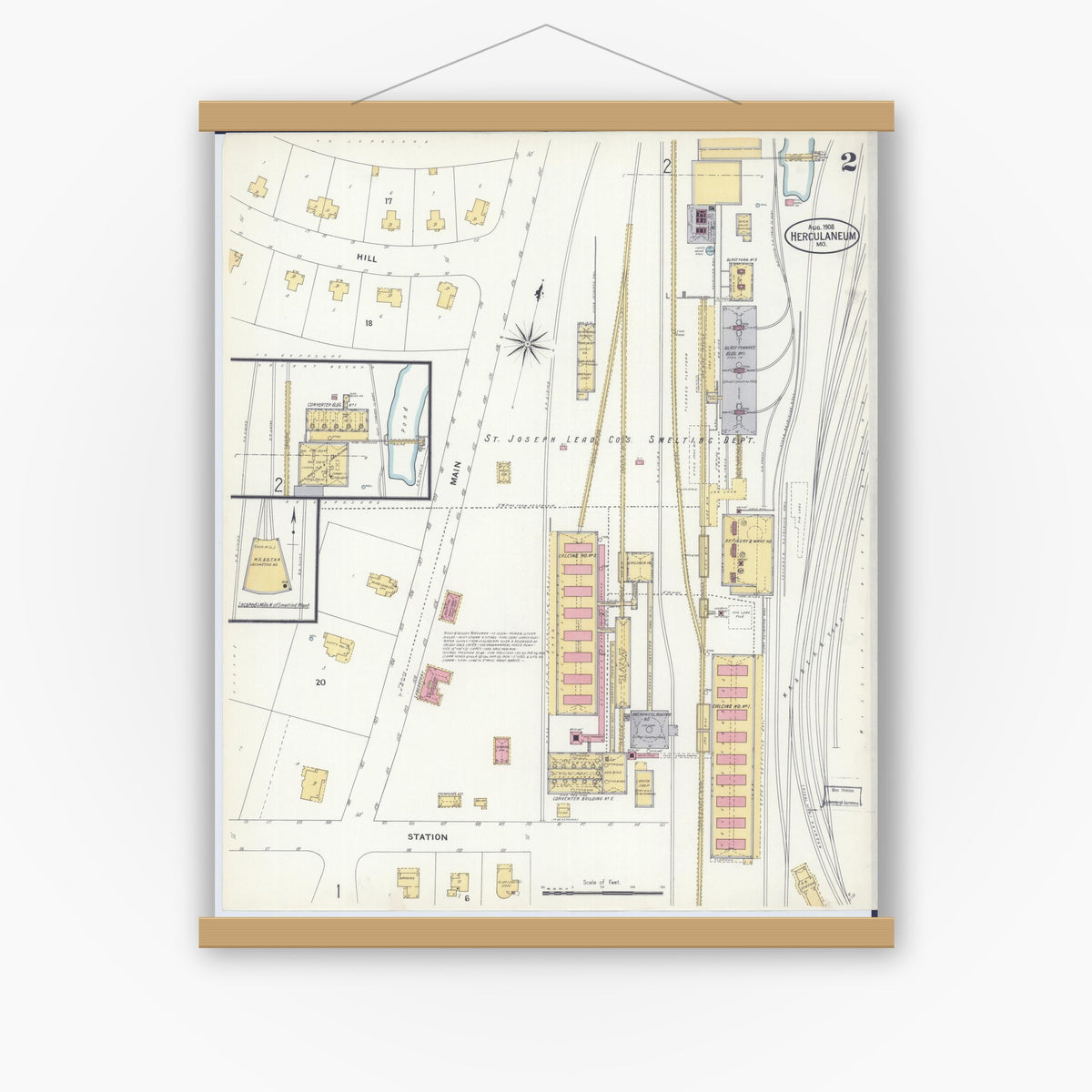 Old map wall art mockup — magnetic wood frame on white wall — Sanborn Fire Insurance Map from Herculaneum, Jefferson County, Missouri (1908), Sheet #0002