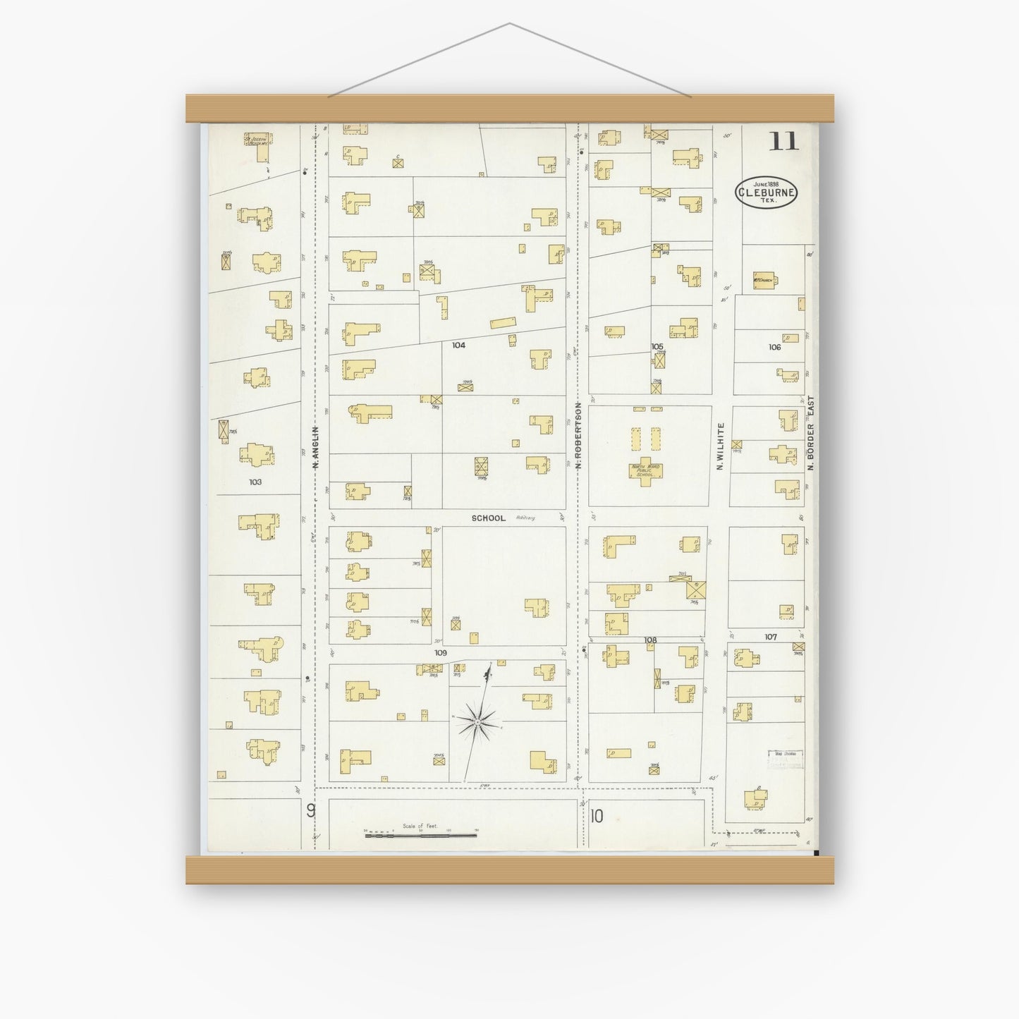 Old map wall art mockup — magnetic wood frame on white wall — Sanborn Fire Insurance Map from Cleburne, Johnson County, Texas (1898), Sheet #0011