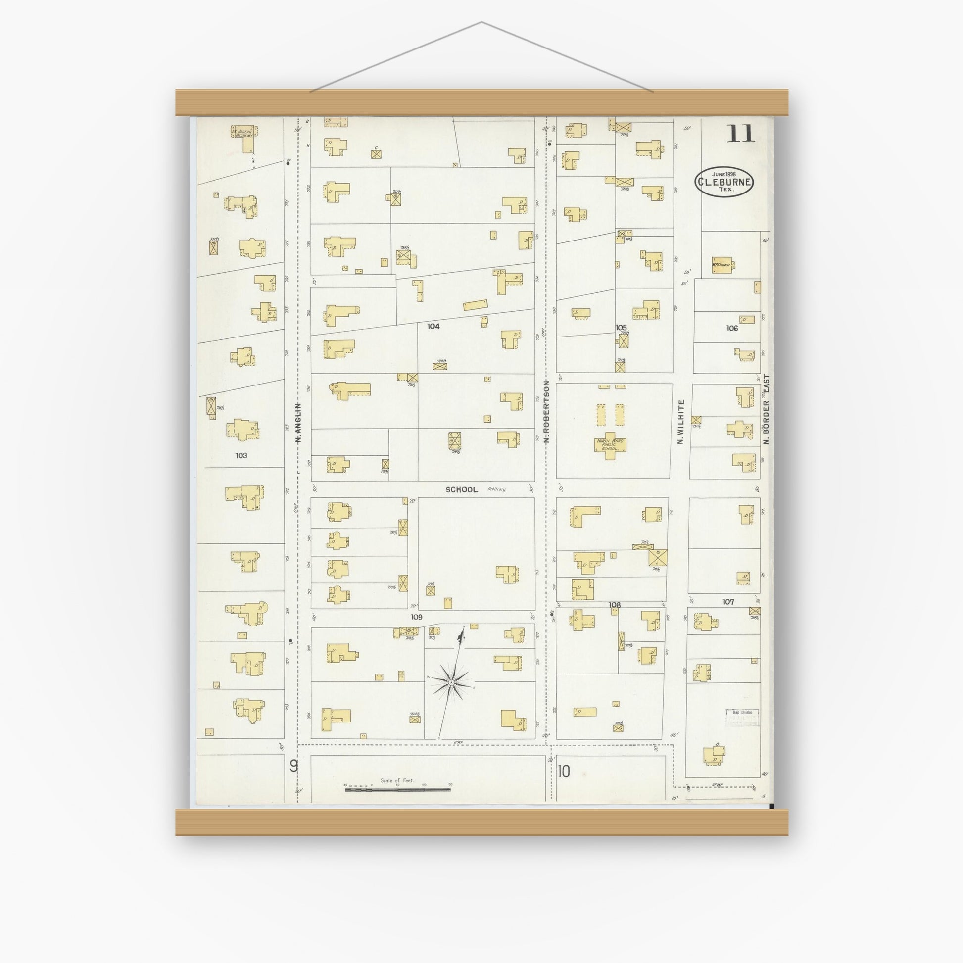 Old map wall art mockup — magnetic wood frame on white wall — Sanborn Fire Insurance Map from Cleburne, Johnson County, Texas (1898), Sheet #0011