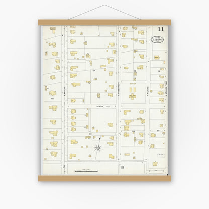 Old map wall art mockup — magnetic wood frame on white wall — Sanborn Fire Insurance Map from Cleburne, Johnson County, Texas (1898), Sheet #0011