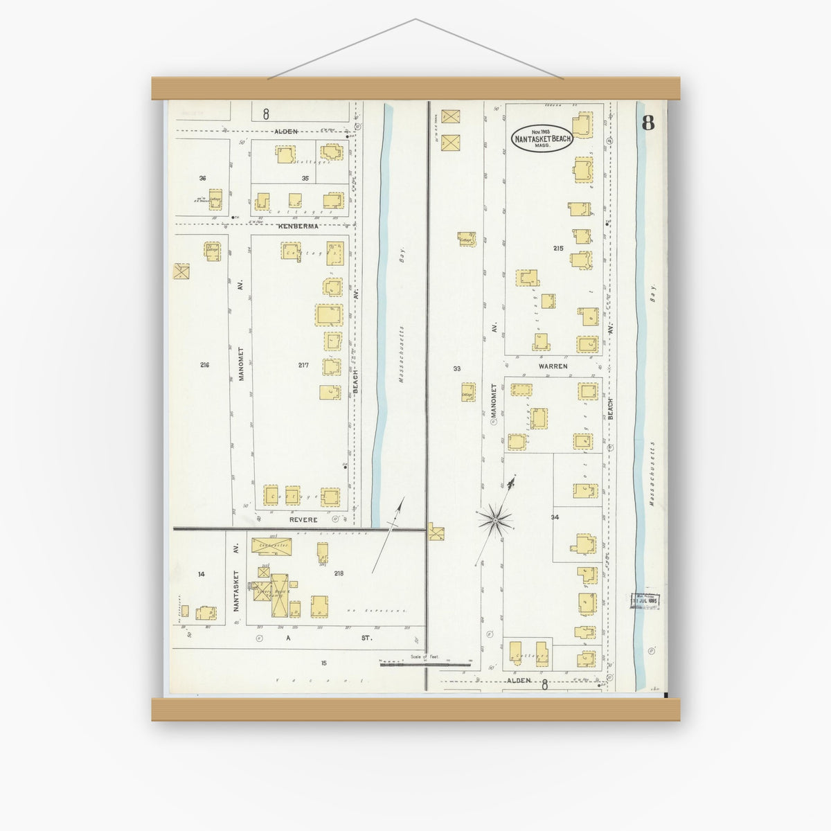 Old map wall art mockup — magnetic wood frame on white wall — Sanborn Fire Insurance Map from Nantasket Beach, Plymouth County, Massachusetts (1903), Sheet #0008