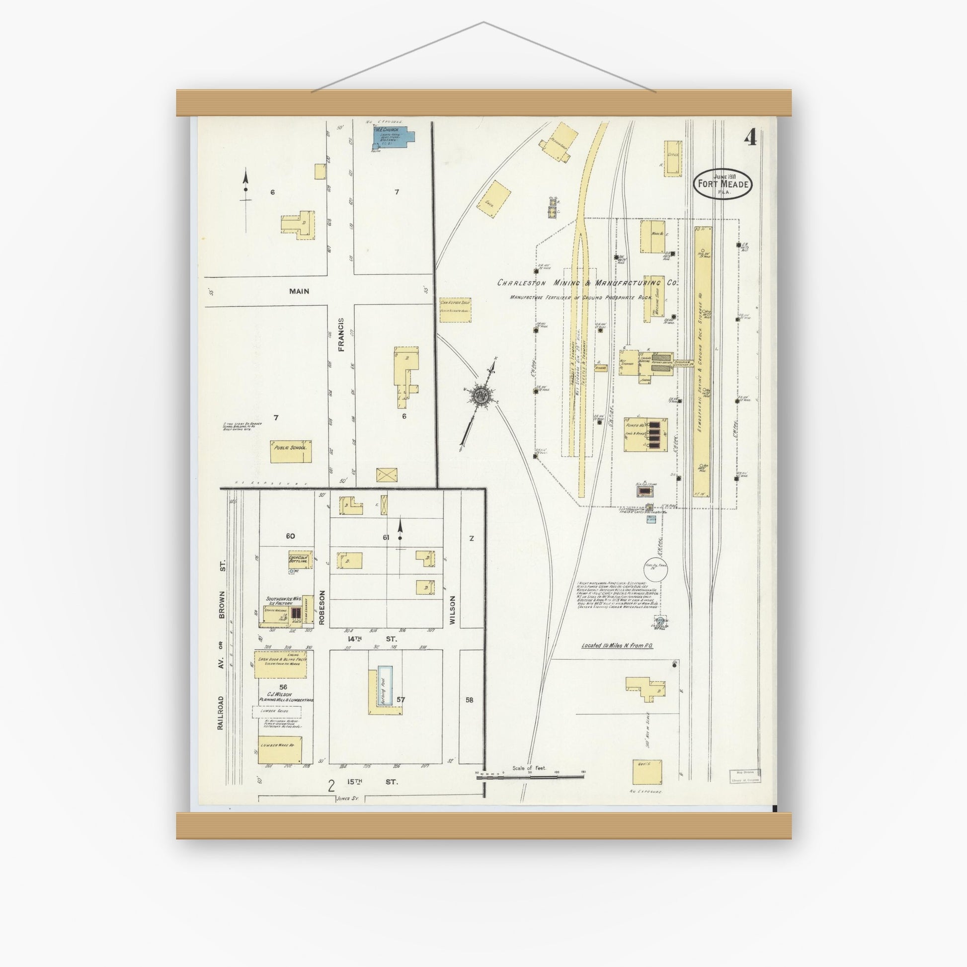 Old map wall art mockup — magnetic wood frame on white wall — Sanborn Fire Insurance Map from Fort Meade, Polk County, Florida (1911), Sheet #0004