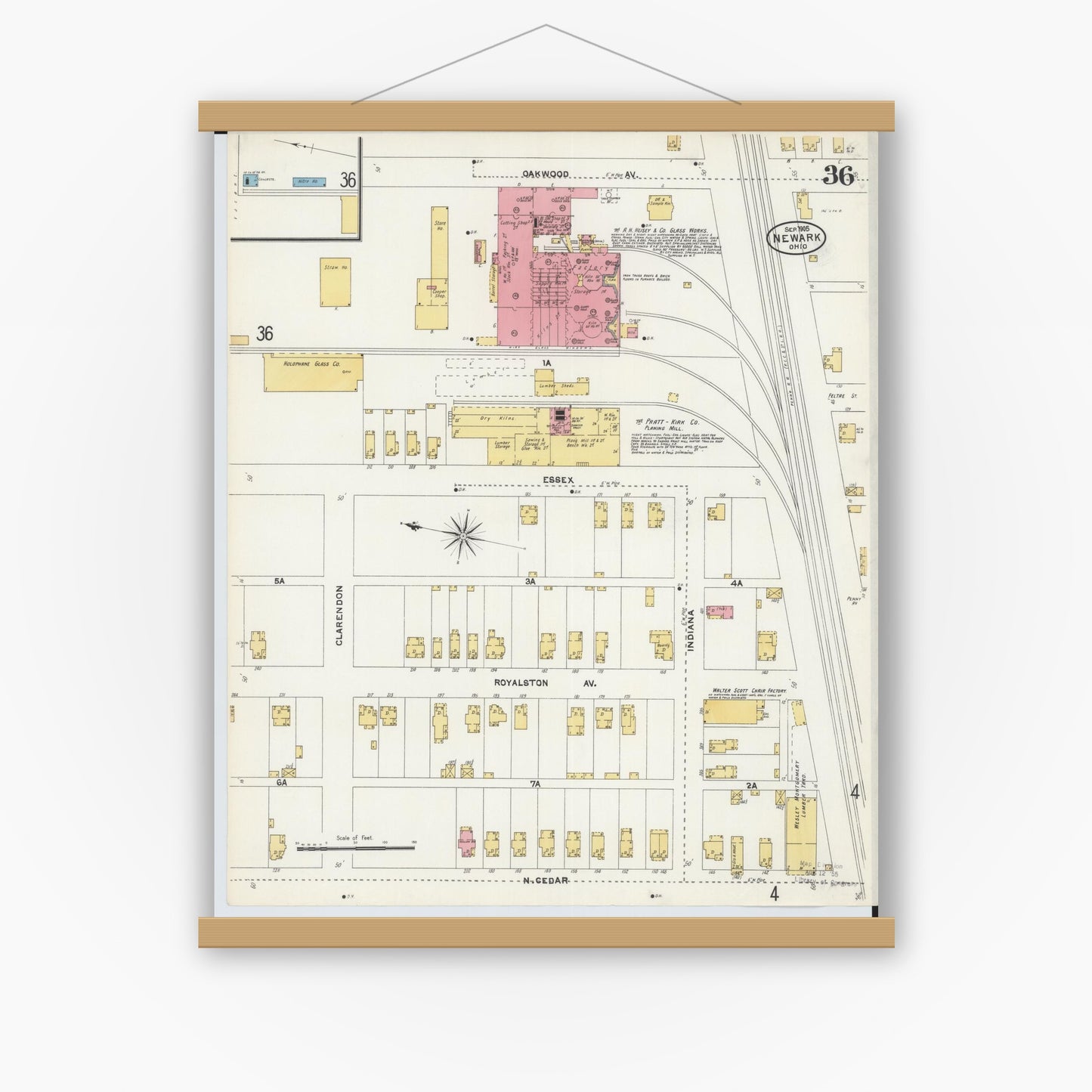 Old map wall art mockup — magnetic wood frame on white wall — Sanborn Fire Insurance Map from Newark, Licking County, Ohio (1905), Sheet #0036