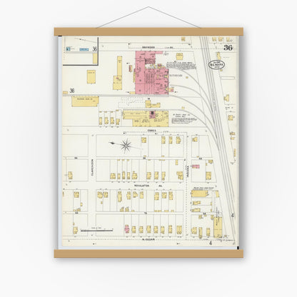 Old map wall art mockup — magnetic wood frame on white wall — Sanborn Fire Insurance Map from Newark, Licking County, Ohio (1905), Sheet #0036
