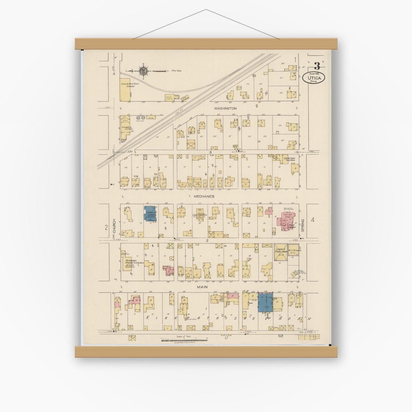 Old map wall art mockup — magnetic wood frame on white wall — Sanborn Fire Insurance Map from Utica, Licking County, Ohio (1922), Sheet #0003