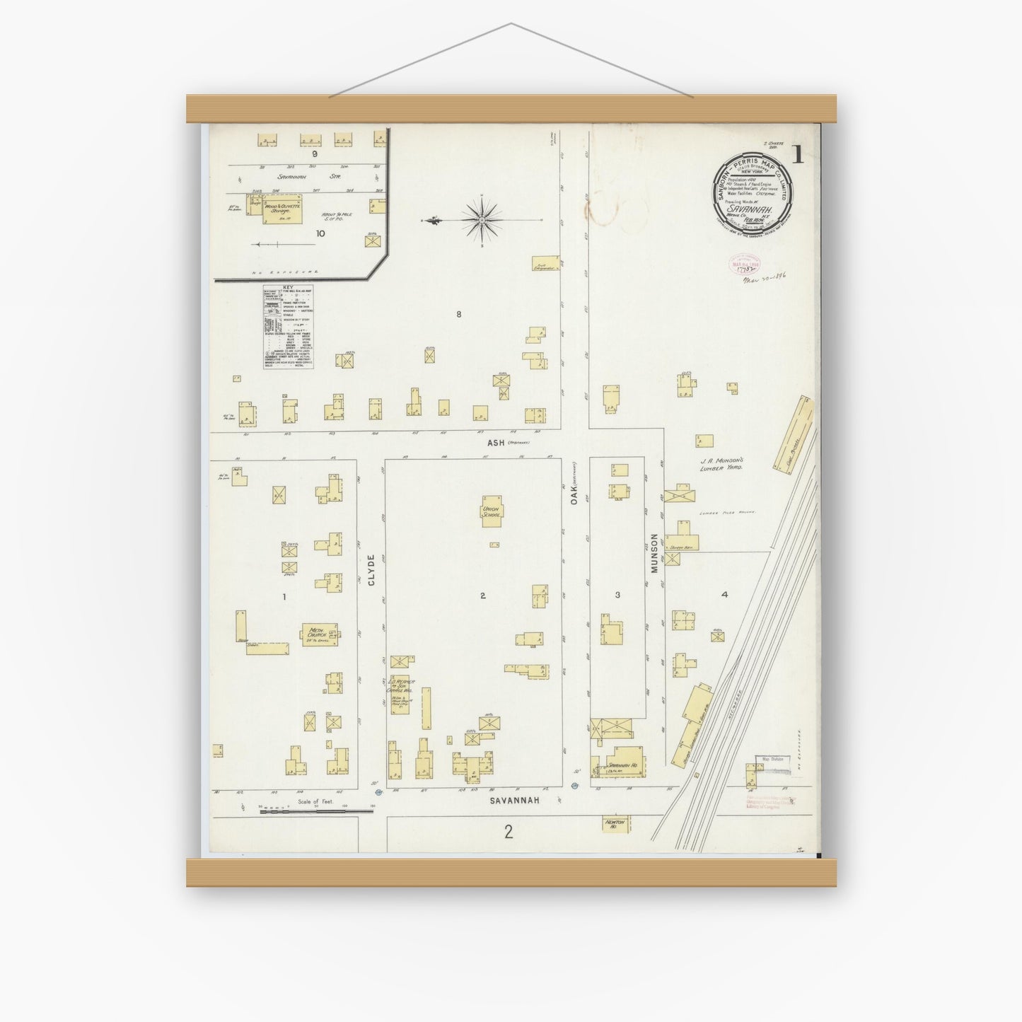 Old map wall art mockup — magnetic wood frame on white wall — Sanborn Fire Insurance Map from Savannah, Wayne County, New York (1896) - Complete Map Set