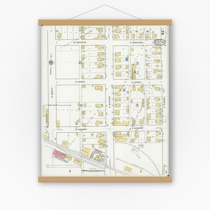 Old map wall art mockup — magnetic wood frame on white wall — Sanborn Fire Insurance Map from Eaton, Preble County, Ohio (1921), Sheet #0002