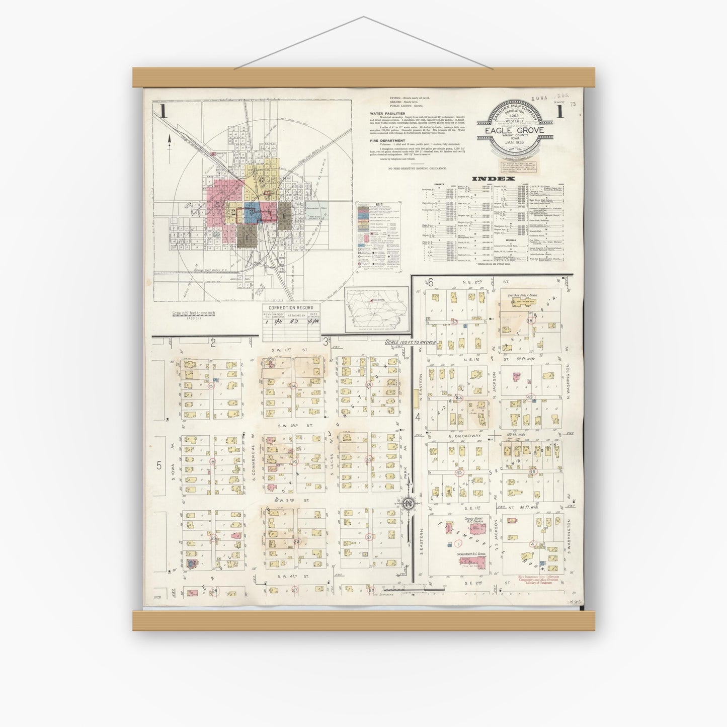 Old map wall art mockup — magnetic wood frame on white wall — Sanborn Fire Insurance Map from Eagle Grove, Wright County, Iowa (1941) â€” Complete Set