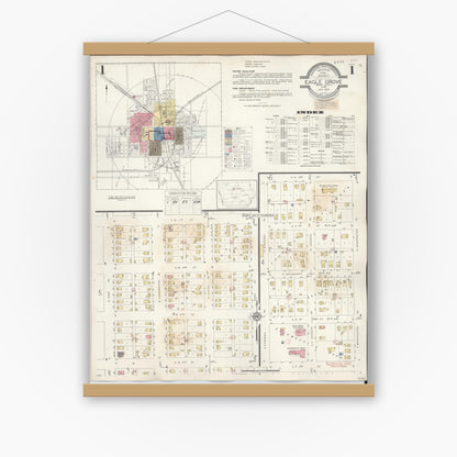 Old map wall art mockup — magnetic wood frame on white wall — Sanborn Fire Insurance Map from Eagle Grove, Wright County, Iowa (1941) â€” Complete Set