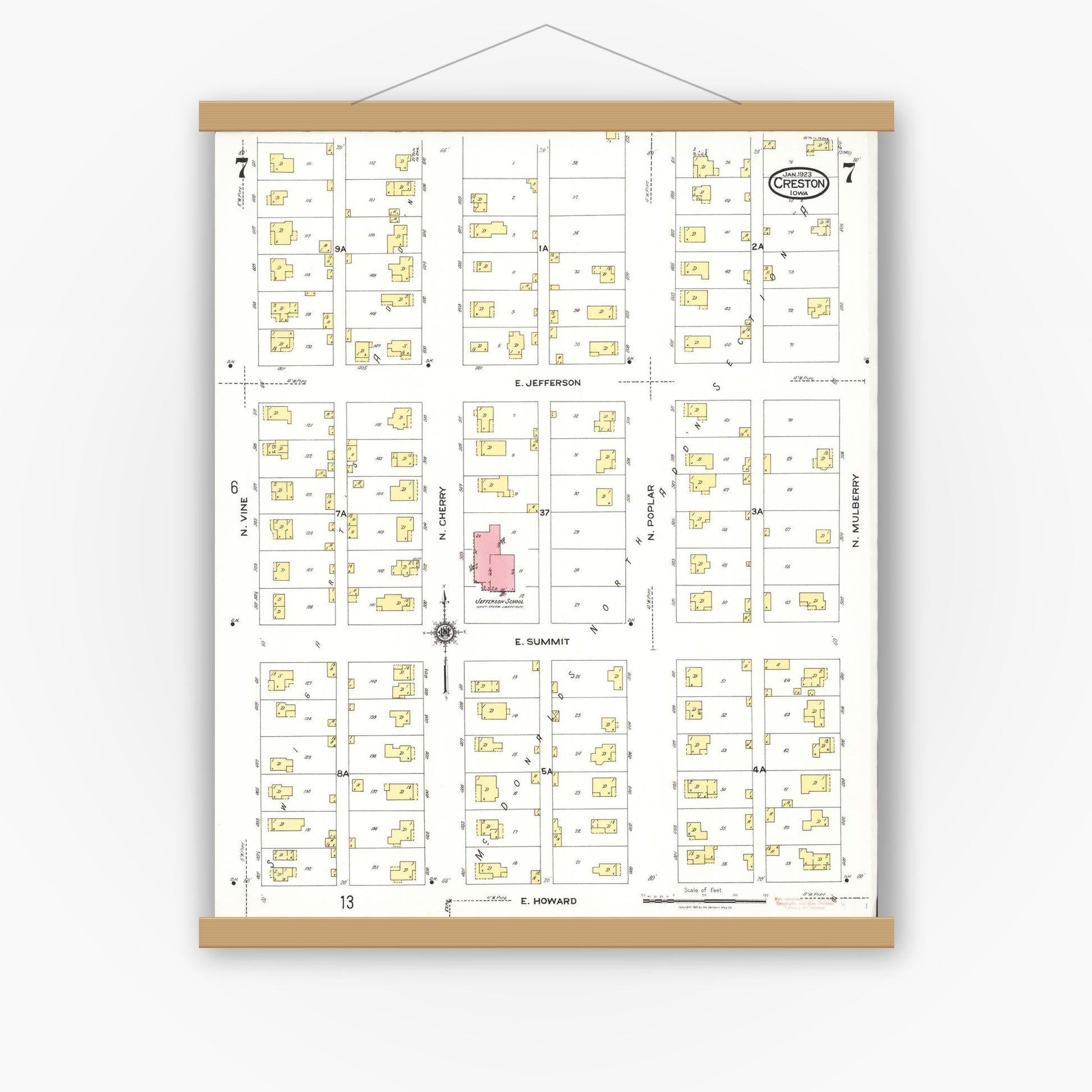 Old map wall art mockup — magnetic wood frame on white wall — Sanborn Fire Insurance Map from Creston, Union County, Iowa (1923), Sheet #0007