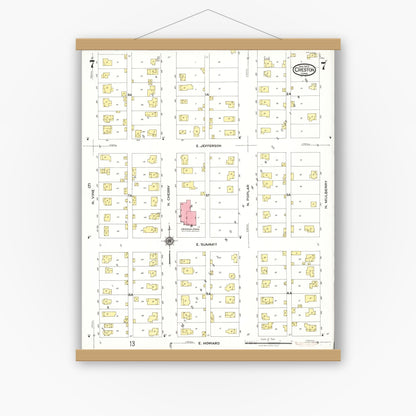 Old map wall art mockup — magnetic wood frame on white wall — Sanborn Fire Insurance Map from Creston, Union County, Iowa (1923), Sheet #0007