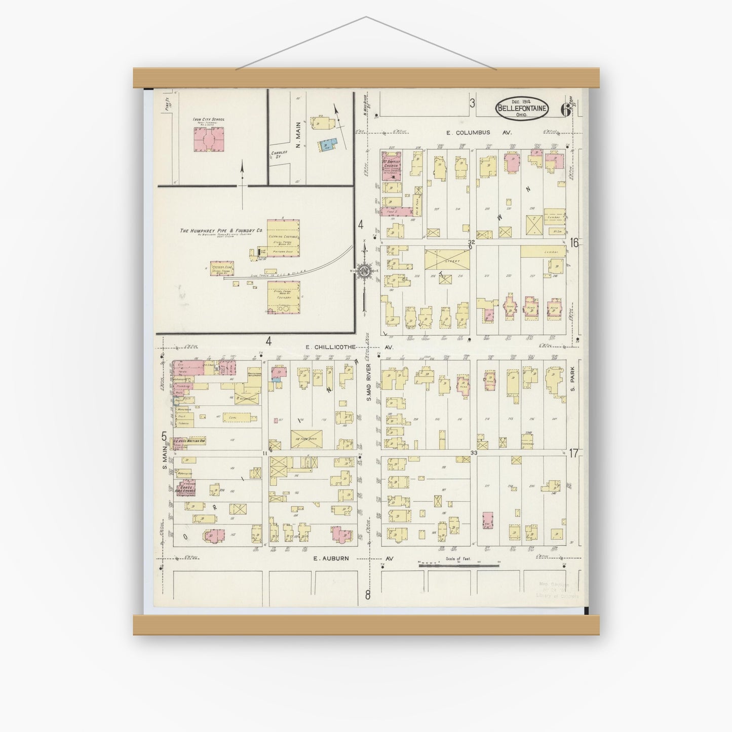 Old map wall art mockup — magnetic wood frame on white wall — Sanborn Fire Insurance Map from Bellefontaine, Logan County, Ohio (1914), Sheet #0006