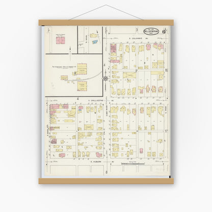 Old map wall art mockup — magnetic wood frame on white wall — Sanborn Fire Insurance Map from Bellefontaine, Logan County, Ohio (1914), Sheet #0006