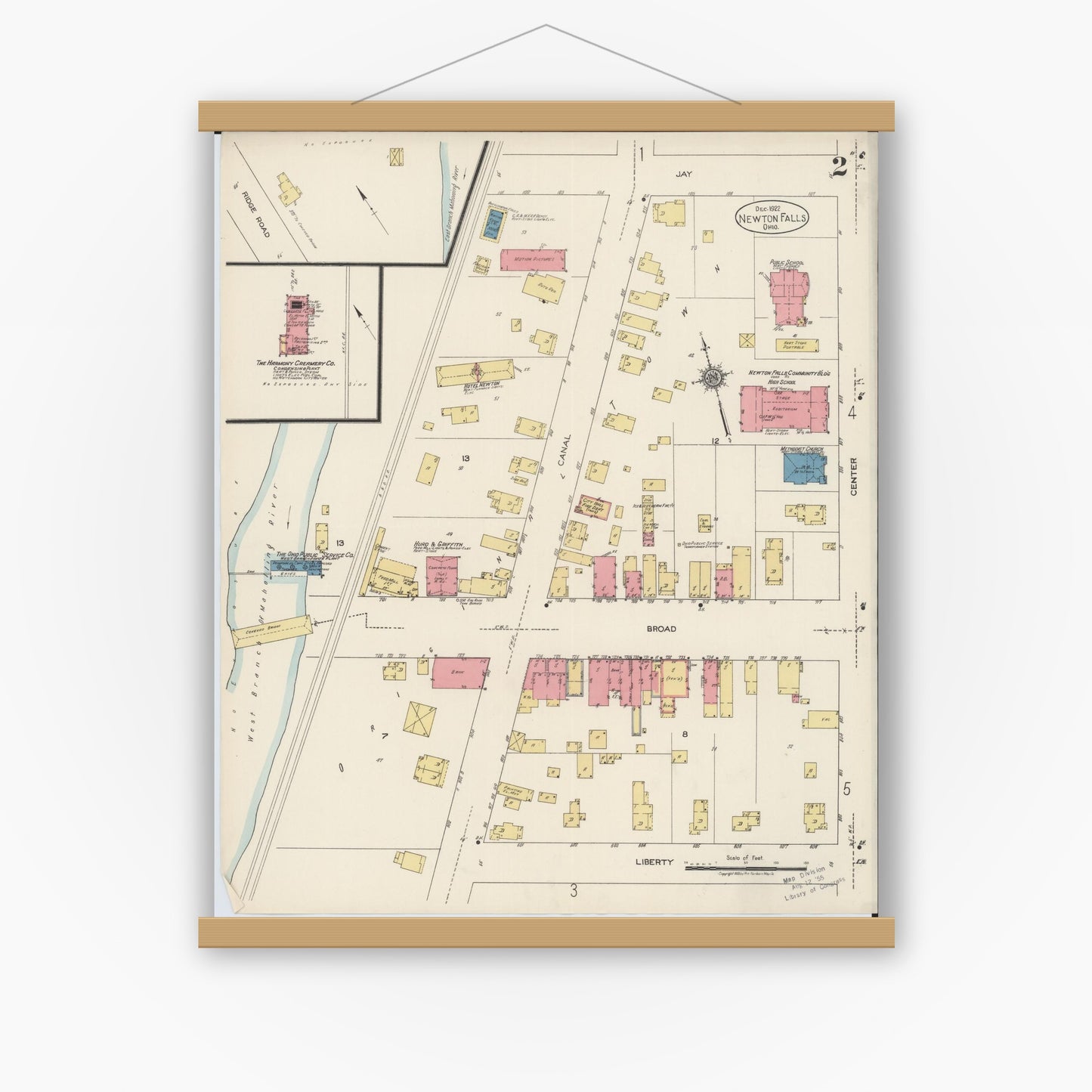 Old map wall art mockup — magnetic wood frame on white wall — Sanborn Fire Insurance Map from Newton Falls, Trumbull County, Ohio (1922), Sheet #0002
