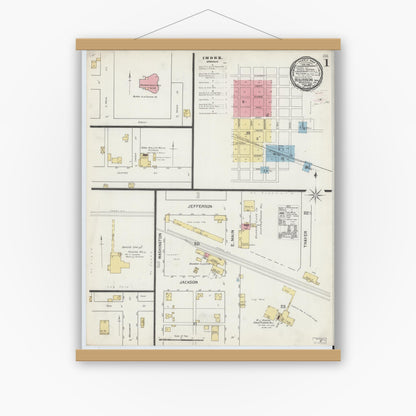Old map wall art mockup — magnetic wood frame on white wall — Sanborn Fire Insurance Map from Bourbon, Marshall County, Indiana (1892) - Complete Map Set