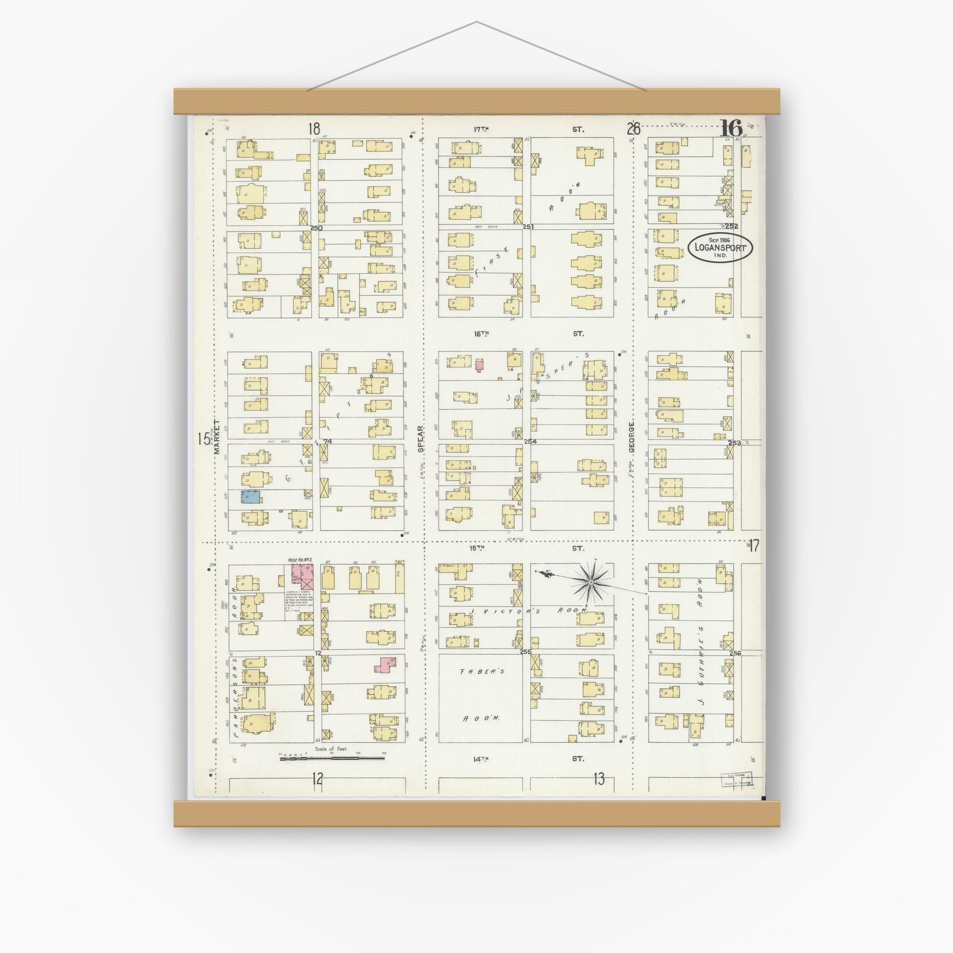 Old map wall art mockup — magnetic wood frame on white wall — Sanborn Fire Insurance Map from Logansport, Cass County, Indiana (1906), Sheet #0016