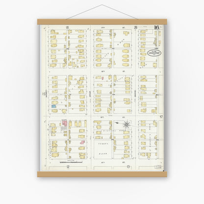 Old map wall art mockup — magnetic wood frame on white wall — Sanborn Fire Insurance Map from Logansport, Cass County, Indiana (1906), Sheet #0016