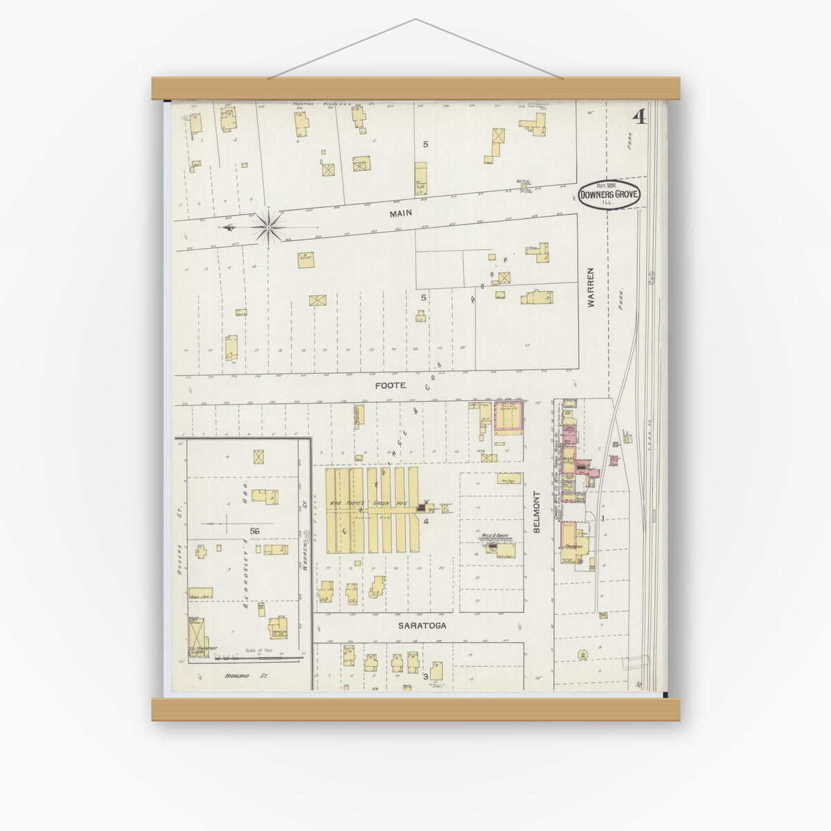 Old map wall art mockup — magnetic wood frame on white wall — Sanborn Fire Insurance Map from Downers Grove, Dupage County, Illinois (1892), Sheet #0004