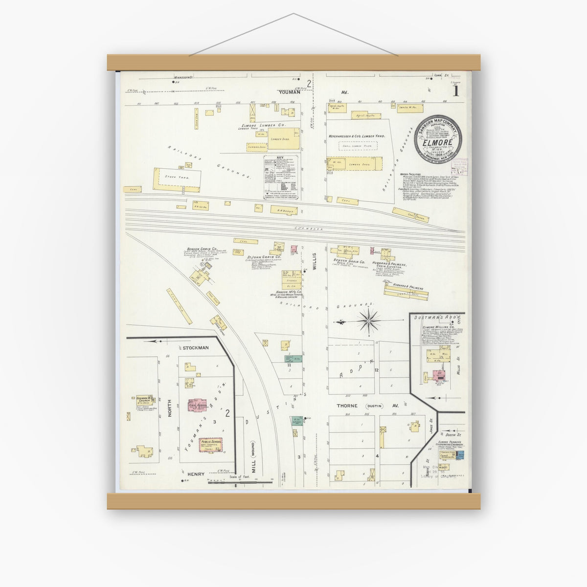 Old map wall art mockup — magnetic wood frame on white wall — Sanborn Fire Insurance Map from Elmore, Faribault County, Minnesota (1908) - Complete Map Set