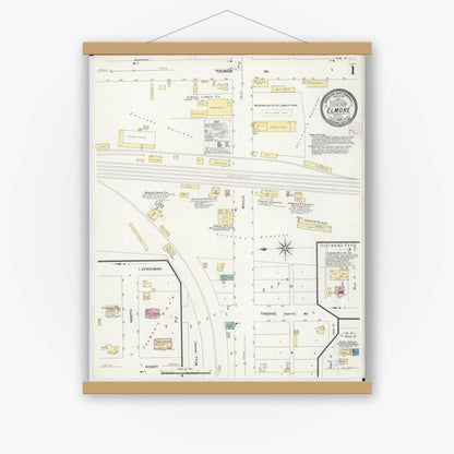 Old map wall art mockup — magnetic wood frame on white wall — Sanborn Fire Insurance Map from Elmore, Faribault County, Minnesota (1908) - Complete Map Set