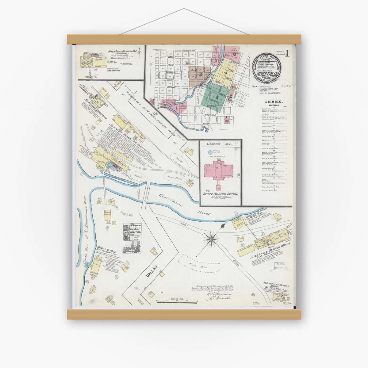 Old map wall art mockup — magnetic wood frame on white wall — Sanborn Fire Insurance Map from River Falls, St. Croix and Pierce Counties, Wisconsin (1891) - Complete Map Set