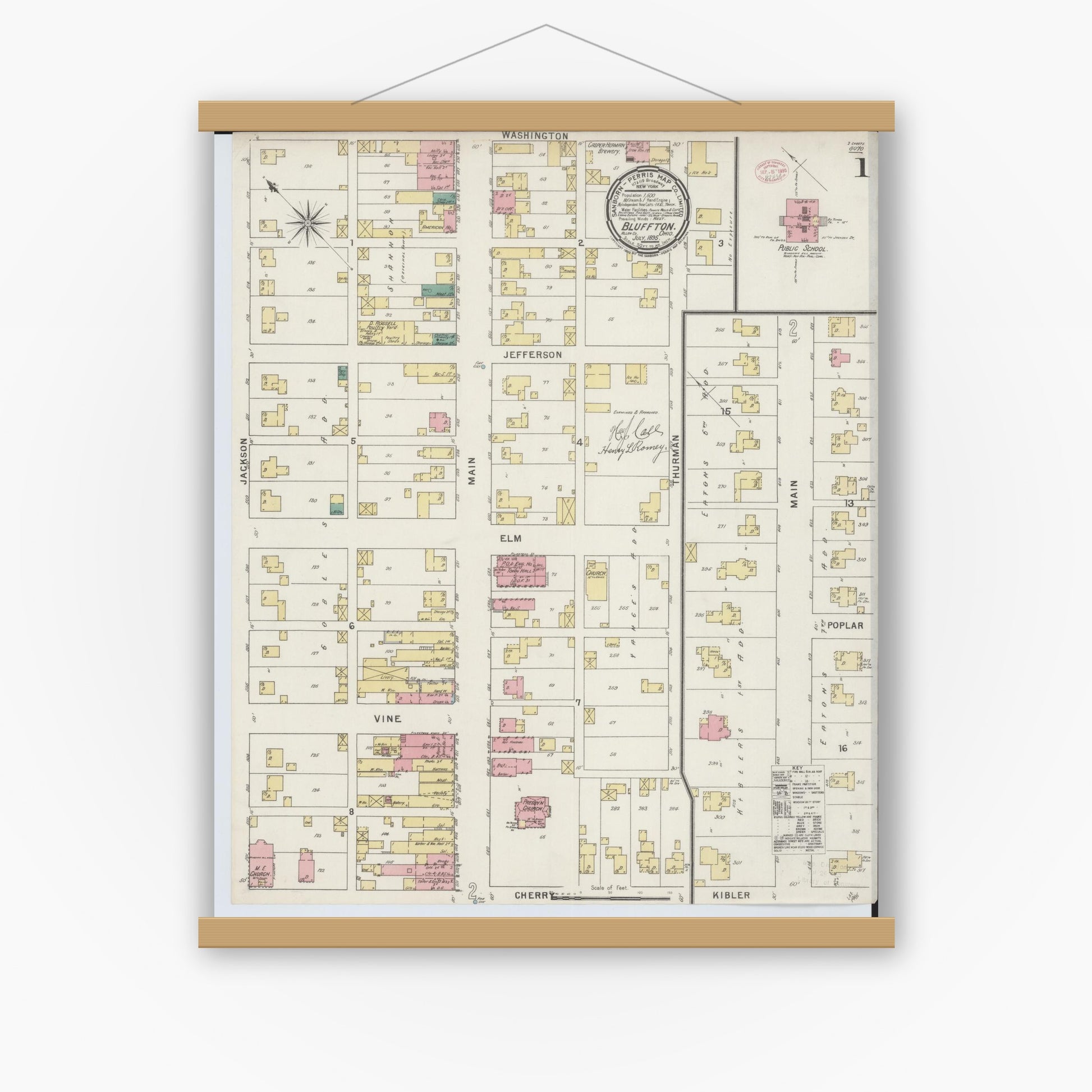 Old map wall art mockup — magnetic wood frame on white wall — Sanborn Fire Insurance Map from Bluffton, Allen County, Ohio (1895) - Complete Map Set
