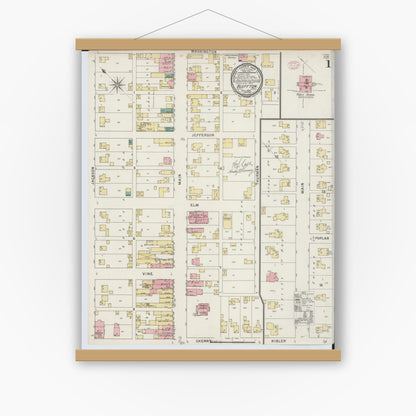 Old map wall art mockup — magnetic wood frame on white wall — Sanborn Fire Insurance Map from Bluffton, Allen County, Ohio (1895) - Complete Map Set