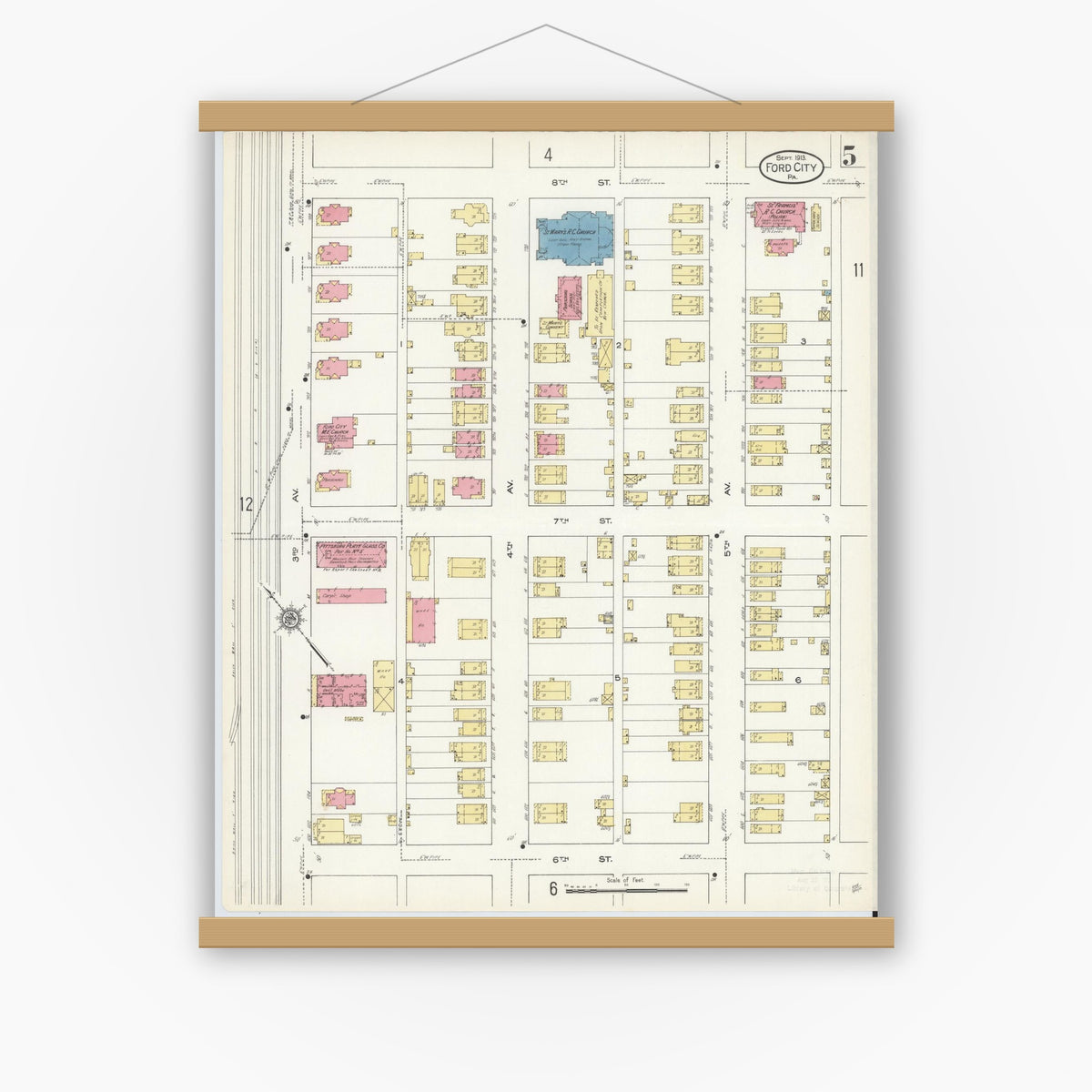Old map wall art mockup — magnetic wood frame on white wall — Sanborn Fire Insurance Map from Ford City, Armstrong County, Pennsylvania (1913), Sheet #0005