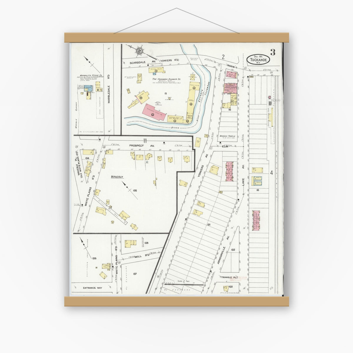 Old map wall art mockup — magnetic wood frame on white wall — Sanborn Fire Insurance Map from Tuckahoe, Westchester County, New York (1911), Sheet #0003