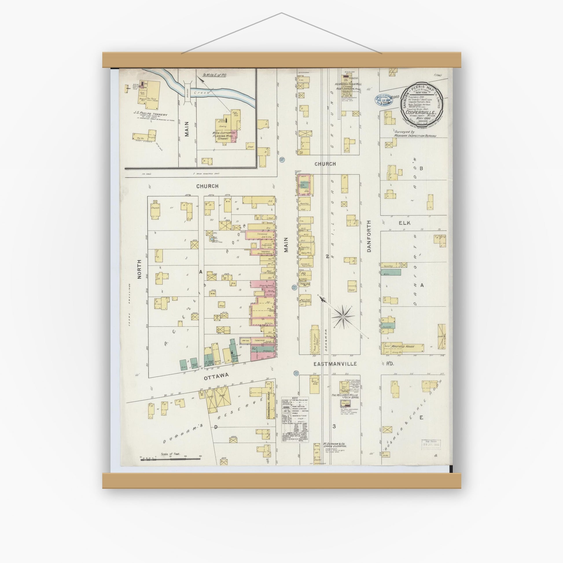 Old map wall art mockup — magnetic wood frame on white wall — Sanborn Fire Insurance Map from Coopersville, Ottawa County, Michigan (1894), Sheet #0001
