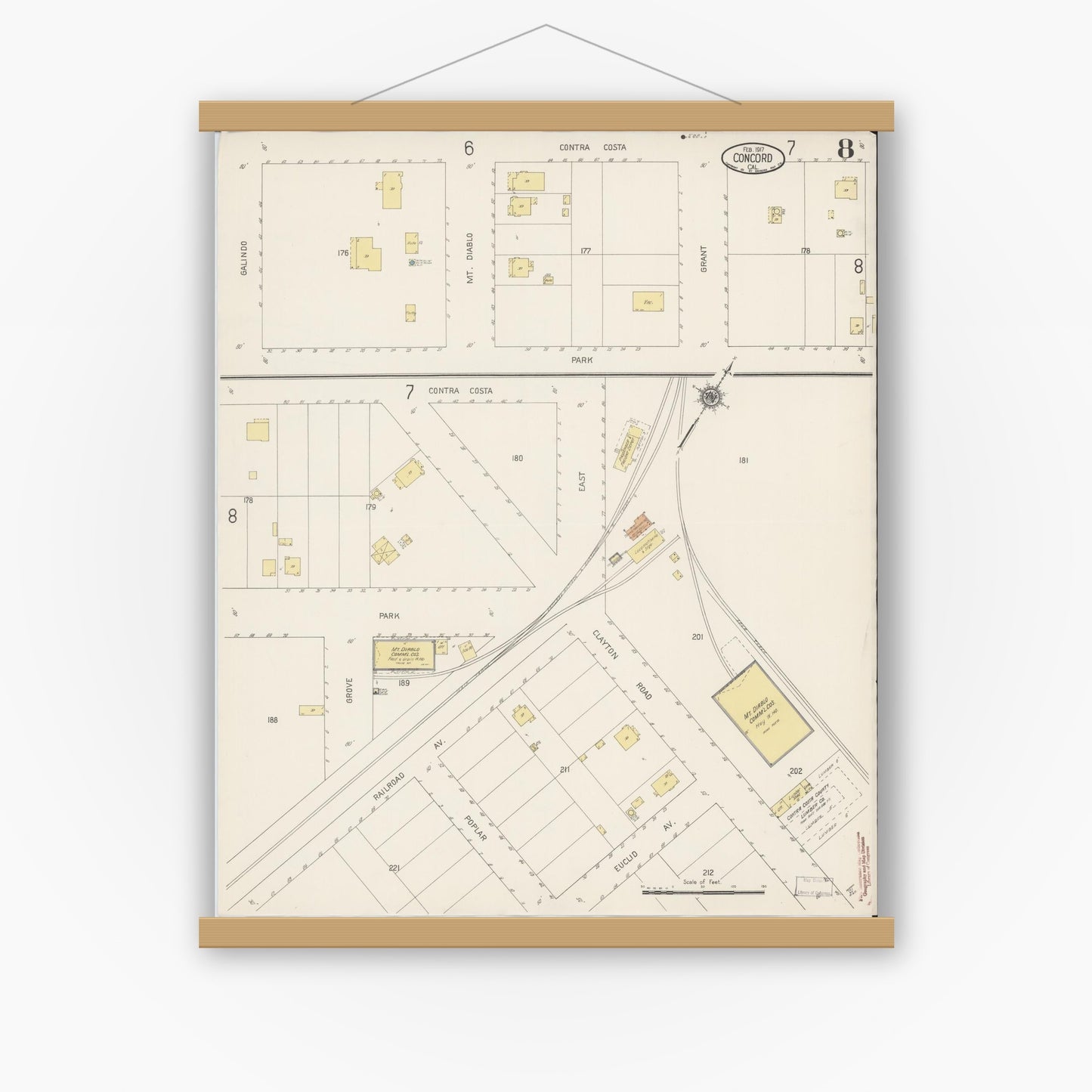 Old map wall art mockup — magnetic wood frame on white wall — Sanborn Fire Insurance Map from Concord, Contra Costa County, California (1917), Sheet #0008