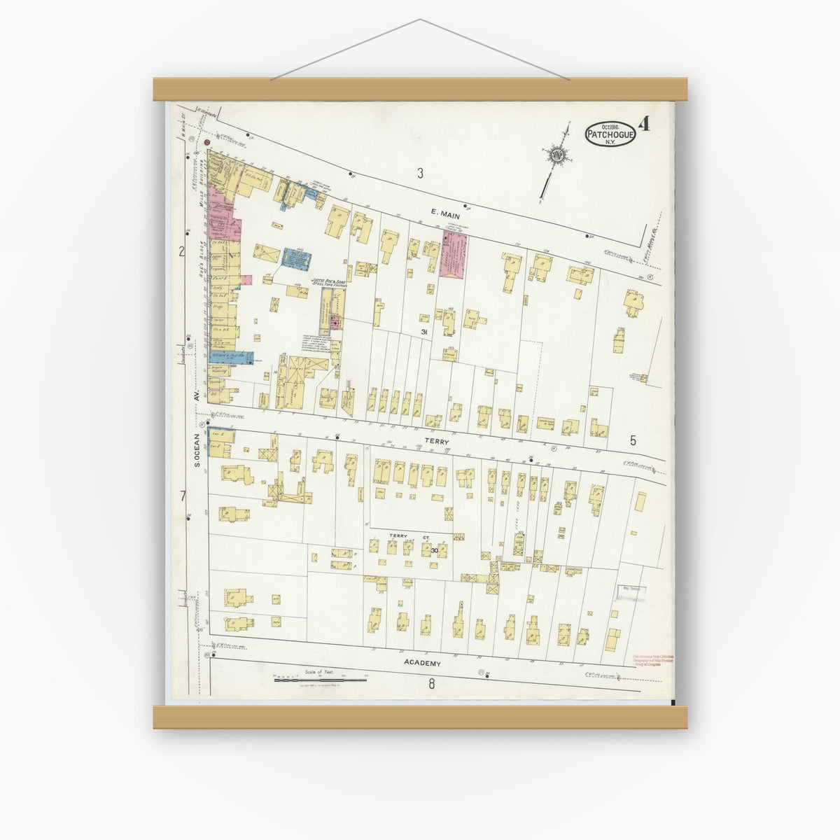 Old map wall art mockup — magnetic wood frame on white wall — Sanborn Fire Insurance Map from Patchogue, Suffolk County, New York (1916), Sheet #0004