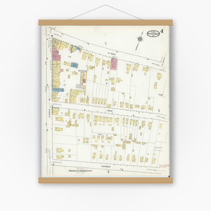 Old map wall art mockup — magnetic wood frame on white wall — Sanborn Fire Insurance Map from Patchogue, Suffolk County, New York (1916), Sheet #0004
