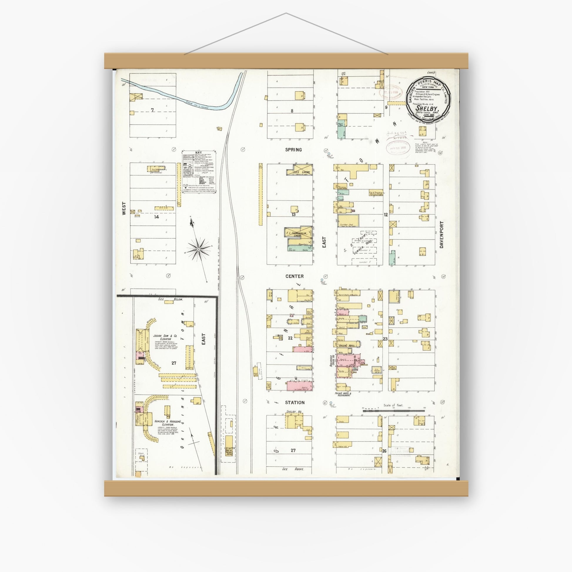 Old map wall art mockup — magnetic wood frame on white wall — Sanborn Fire Insurance Map from Shelby, Shelby County, Iowa (1899), Sheet #0001