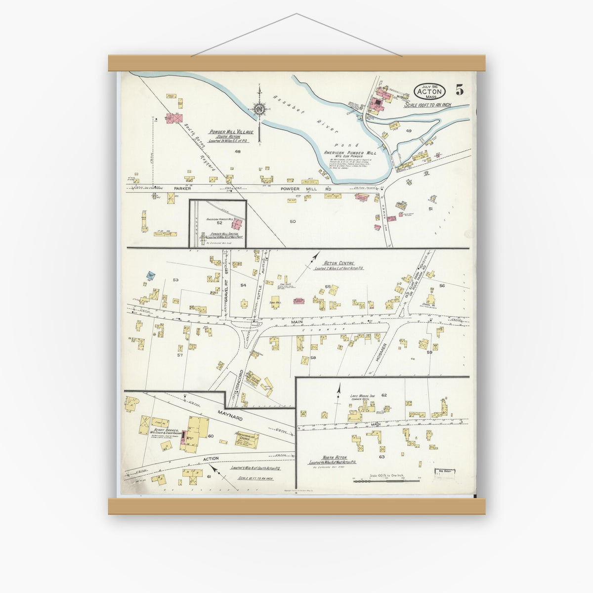 Old map wall art mockup — magnetic wood frame on white wall — Sanborn Fire Insurance Map from Acton, Middlesex County, Massachusetts (1916), Sheet #0005