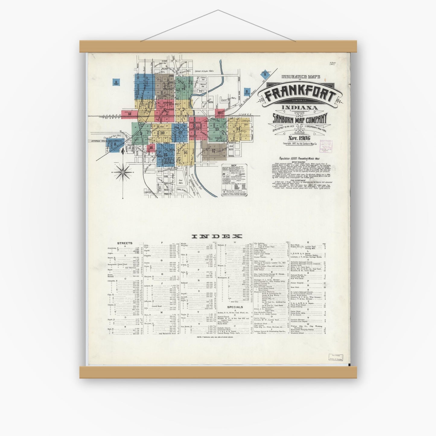 Old map wall art mockup — magnetic wood frame on white wall — Sanborn Fire Insurance Map from Frankfort, Clinton County, Indiana (1906) - Complete Map Set