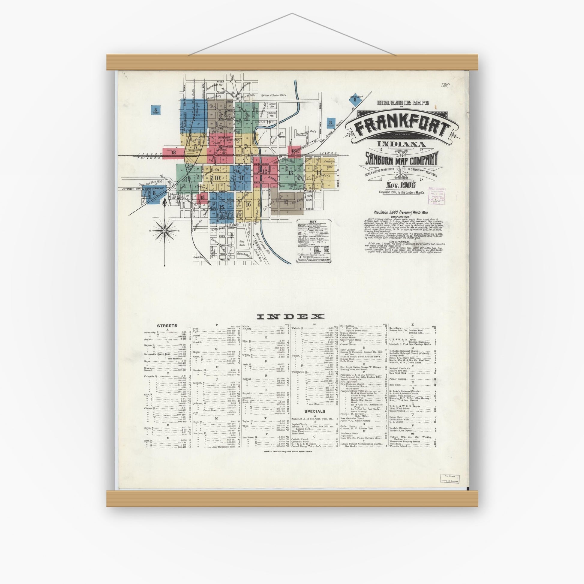 Old map wall art mockup — magnetic wood frame on white wall — Sanborn Fire Insurance Map from Frankfort, Clinton County, Indiana (1906) - Complete Map Set