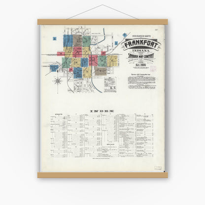 Old map wall art mockup — magnetic wood frame on white wall — Sanborn Fire Insurance Map from Frankfort, Clinton County, Indiana (1906) - Complete Map Set
