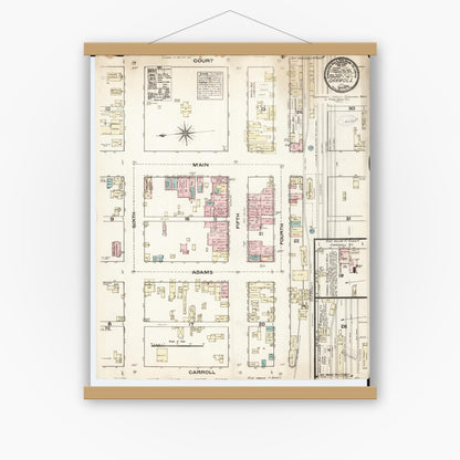 Old map wall art mockup — magnetic wood frame on white wall — Sanborn Fire Insurance Map from Carroll, Carroll County, Iowa (1883), Sheet #0001