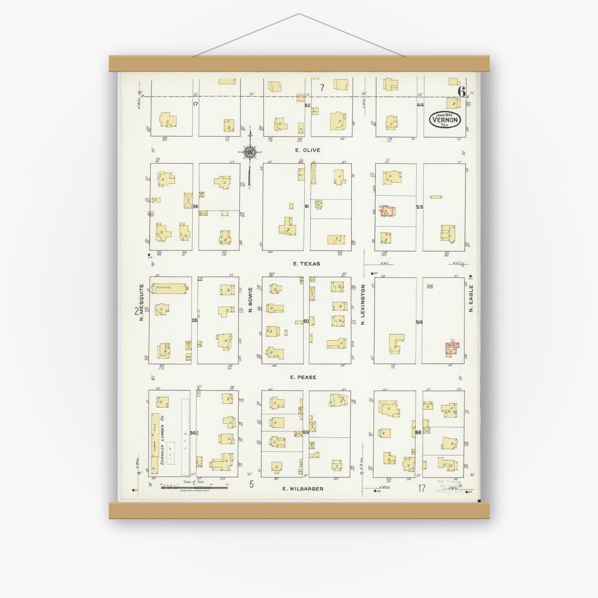 Old map wall art mockup — magnetic wood frame on white wall — Sanborn Fire Insurance Map from Vernon, Wilbarger County, Texas (1920), Sheet #0006