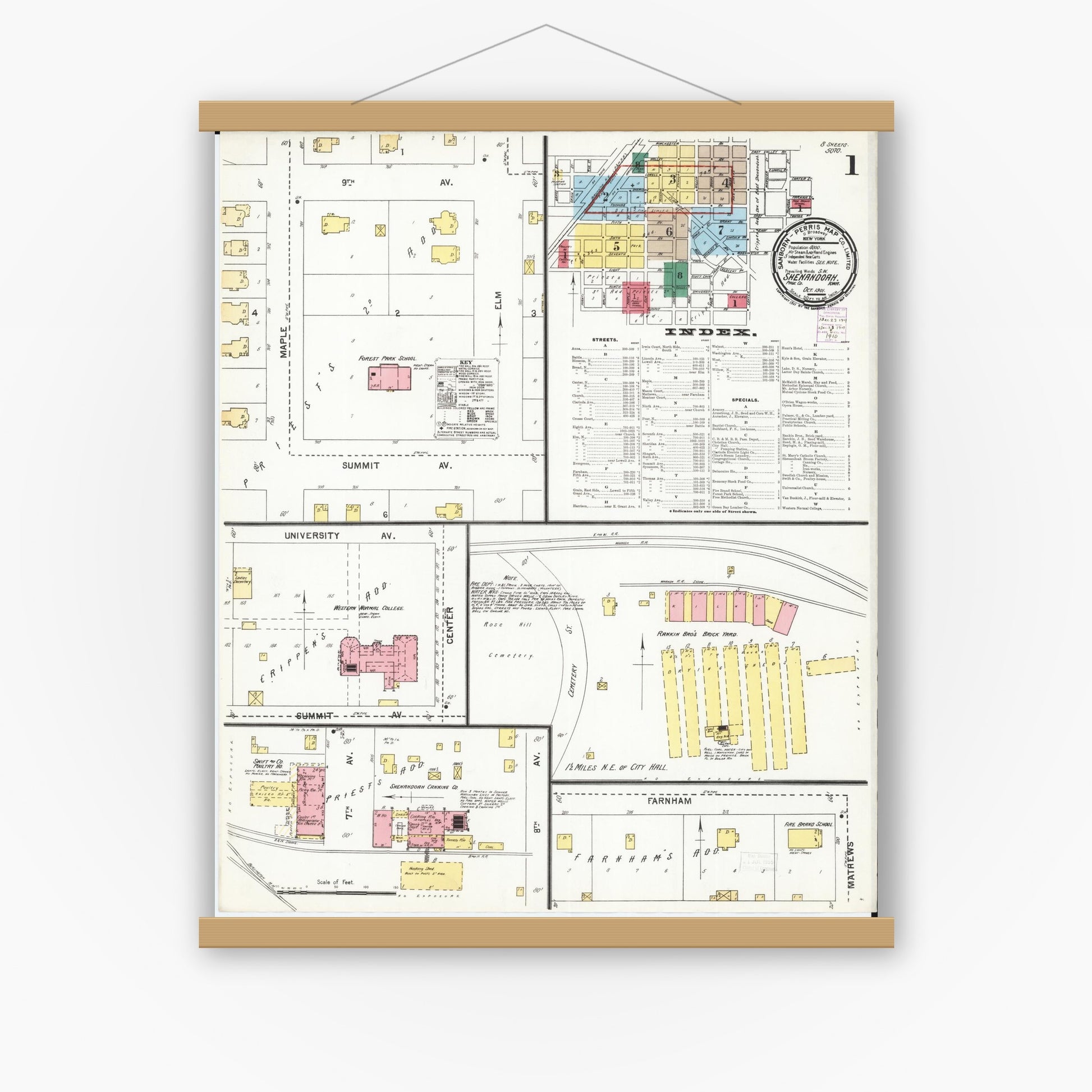 Old map wall art mockup — magnetic wood frame on white wall — Sanborn Fire Insurance Map from Shenandoah, Page County, Iowa (1901), Sheet #0001