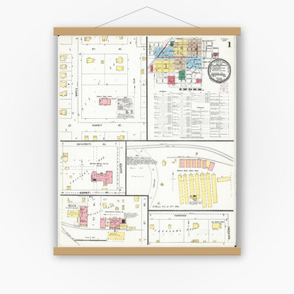 Old map wall art mockup — magnetic wood frame on white wall — Sanborn Fire Insurance Map from Shenandoah, Page County, Iowa (1901), Sheet #0001