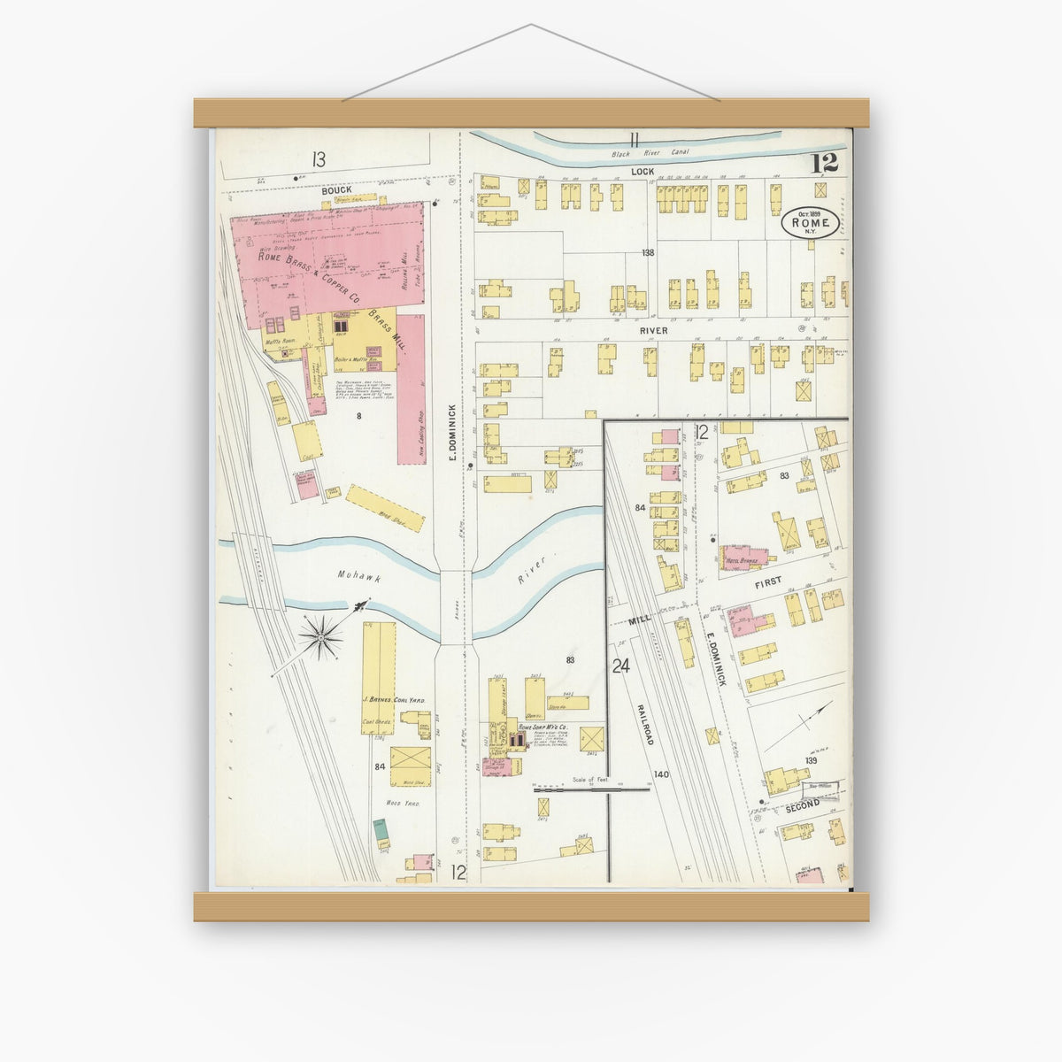 Old map wall art mockup — magnetic wood frame on white wall — Sanborn Fire Insurance Map from Rome, Oneida County, New York (1899), Sheet #0012